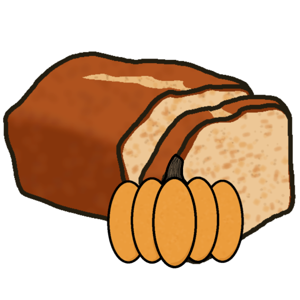 A loaf of bread with one slice cut off and a pumpkin in front of it.